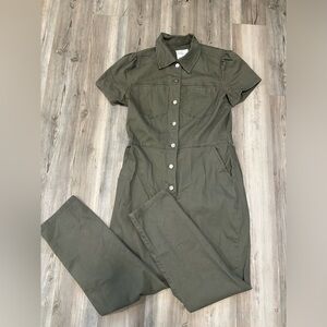 Khaki green jumpsuit with button-up top and zip-up back #jumpsuit